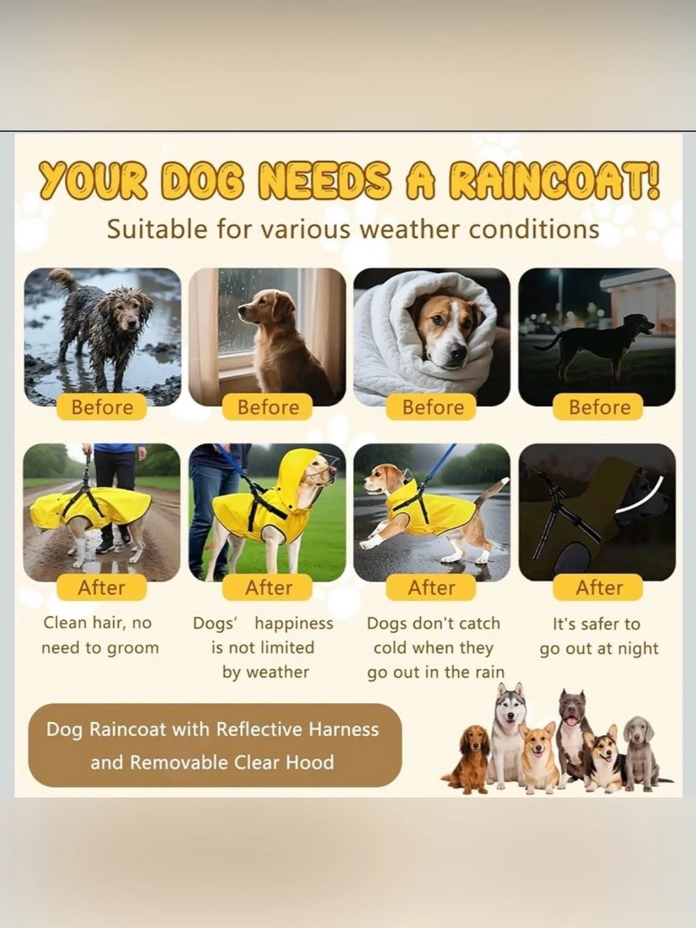 Dog Raincoat: Dog Rain Jacket with Reflective Harness & Removable Hood | Waterpr